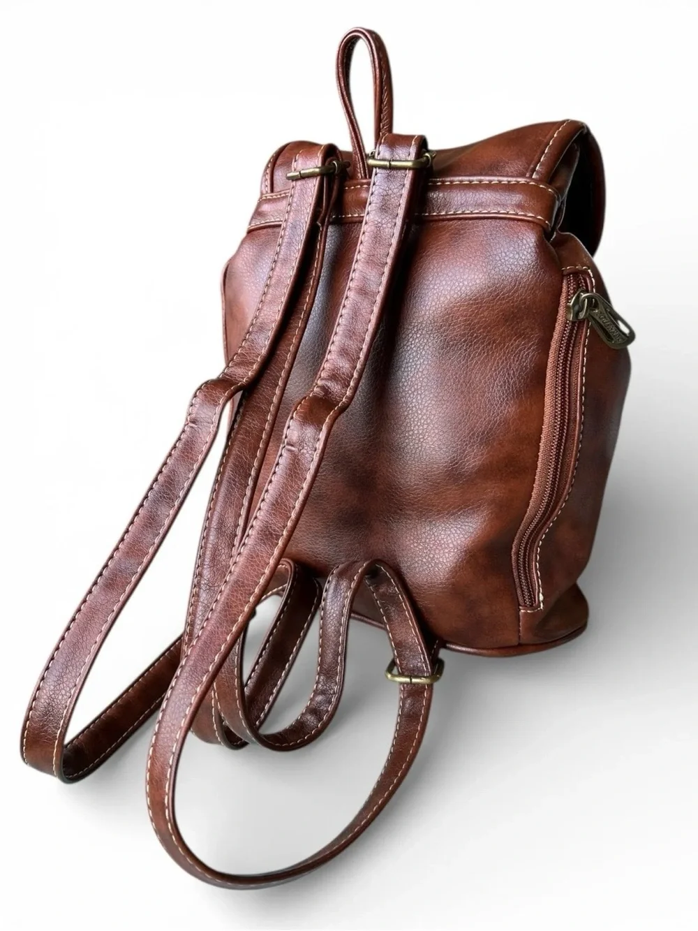 Women's Brown Faux Leather Drawstring Backpack with Buckle Accents